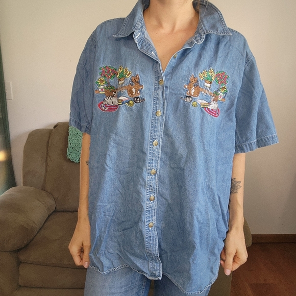 Vintage Tops - Vintage Cat Embroidered Denim Button Down Size XL
